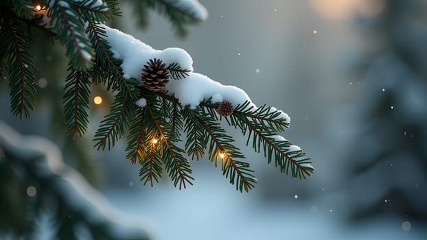 A close-up of a snow-covered pine branch adorned with a warm string of Christmas lights and small pinecones. The soft glow of the lights creates a cozy holiday atmosphere against the frosty backdrop