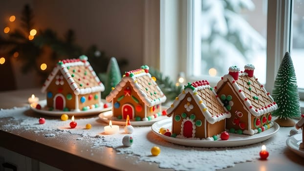 The kitchen table is filled with intricately designed gingerbread houses, adorned with vibrant icing and sweets. Through the window, soft snowflakes fall, enhancing the warm and cheerful ambiance of the scene
