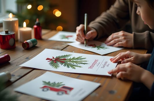 On a large wooden table, postcards, glue, glitter, and paints are spread out as families collaborate to create personalized greeting cards. The setting exudes warmth and creativity, showcasing quality time spent together