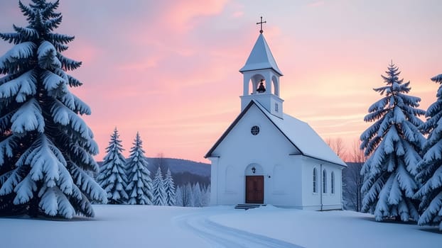 The snow-white church, adorned with a towering bell tower, is nestled among snowy evergreens. Behind it, a gentle pink sunset sky adds a tranquil and romantic touch to the enchanting landscape