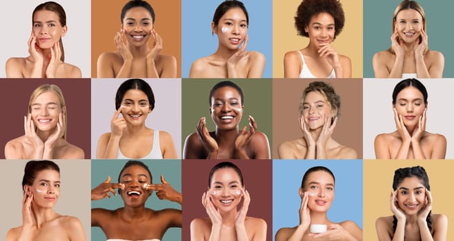 A group of women with different skin tones and features demonstrates various skincare routines against vibrant backgrounds, highlighting the importance of self-care and beauty.