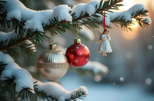 Adorned with vibrant balls and angel figures, a snowy evergreen branch sparkles as sunlight streams through its needles. The bright colors contrast beautifully with the fluffy snow, creating a magical atmosphere