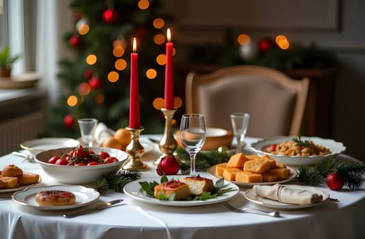 A beautifully set table adorned with a pristine white tablecloth, featuring golden and red candles, festive Christmas greenery, and an abundance of delicious dishes that create an inviting holiday feast