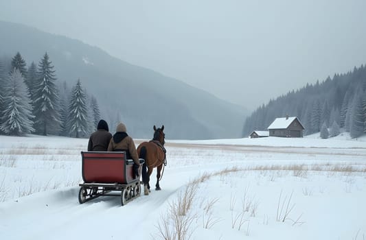 A snow-covered field stretches out, where people bundled in blankets ride in a horse-drawn sleigh, surrounded by forests and rolling hills, with a cozy house visible in the distance