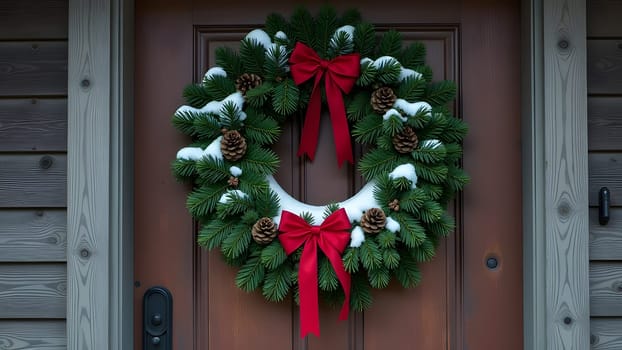 A close-up of a green wreath adorned with red ribbons and pinecones hangs on the wooden door of a rustic country home. Light snow dusts the wreath, adding a touch of winter charm to the scene