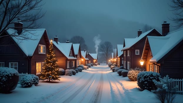 The snow-covered streets of a quaint village are illuminated by festive Christmas lights. Smoke drifts from the chimneys, and in the heart of the square, a tall, decorated Christmas tree shines brightly