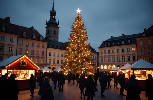 In the heart of a vibrant city square, a giant Christmas tree is beautifully decorated with colorful baubles and sparkling lights. Surrounding it, a lively crowd explores the Christmas market, filled with festive cheer