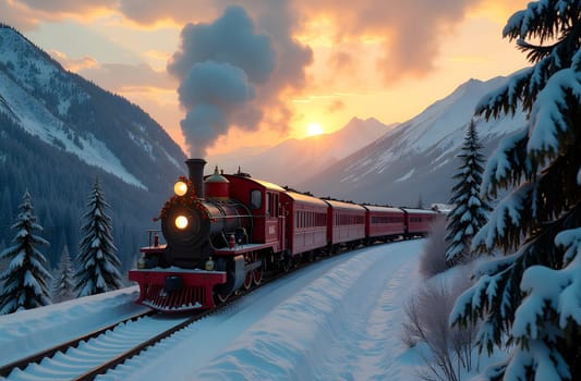 A steam train adorned with festive garlands and Christmas ornaments winds its way through snow-covered mountains, illuminated by the golden light of the setting sun, creating a magical holiday scene