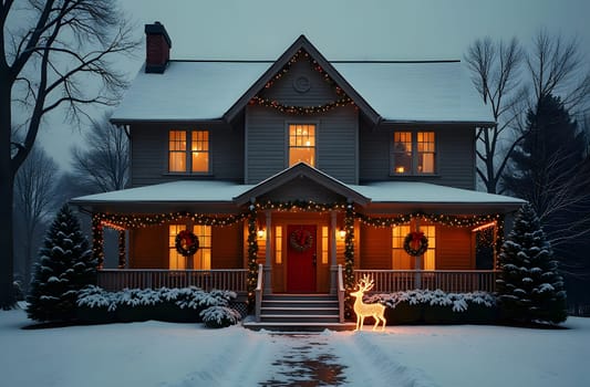 A large house is adorned with garlands and bright red bows, creating a festive atmosphere. On the doorstep, Christmas wreaths and glowing reindeer figures enhance the cheerful holiday spirit
