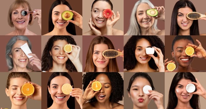 A vibrant collage features women of various backgrounds engaging with natural skincare products. Each woman holds fruits or beauty tools, highlighting diverse routines and beauty practices.