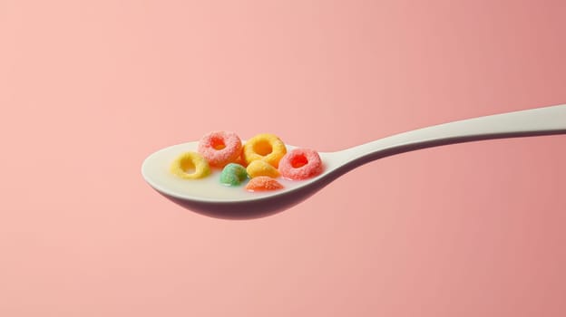 Spoon with colorful cereal loops over pink background, minimal food art concept.
