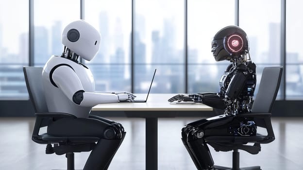 two robots working on laptops across a table in modern office setting, technology and innovation concept.