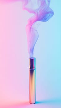 Vape pen with colorful vapor on gradient background.