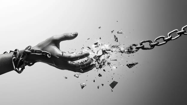 Breaking chains concept with hand shattering metal links, symbolic freedom and liberation imagery.