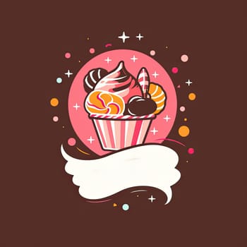 A delightful illustration features a cupcake topped with swirls of ice cream, colorful candies, and a cherry, accented by vibrant dots against a brown backdrop.