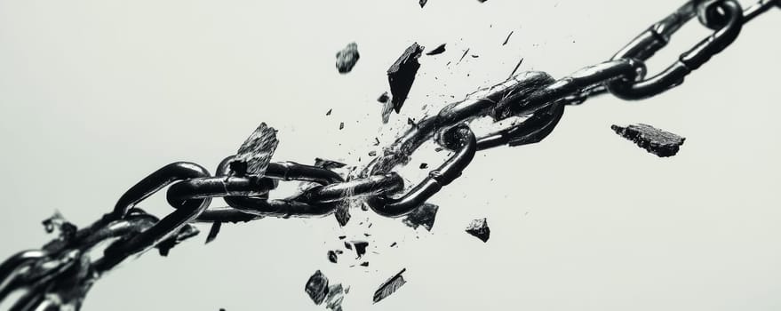 Breaking metal chain with dramatic shattering, symbol of freedom and strength.