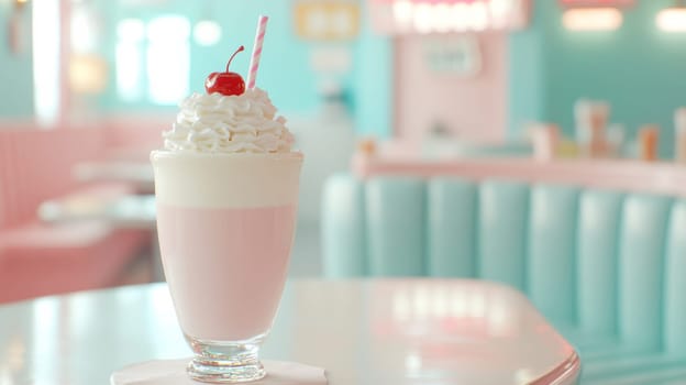 Pink milkshake with whipped cream and cherry in retro diner, nostalgic vibe.