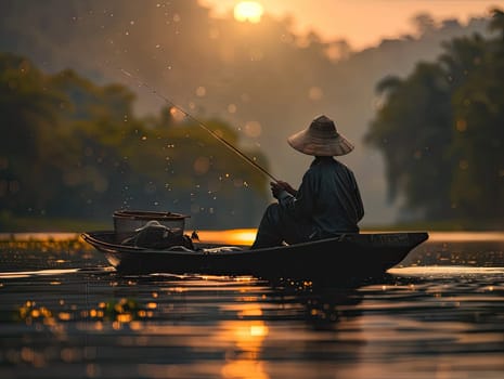 As the sun sets, a solitary fisherman in a traditional hat skillfully casts his line into the calm river, surrounded by nature's serene beauty.