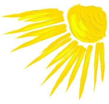 A vibrant yellow sun with radiant rays is painted against a white background, evoking a sense of warmth and joy reminiscent of a sunny day in spring.