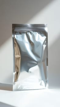 Silver foil pouch against white background, minimalistic design. Packaging concept.