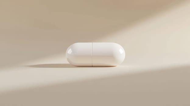 White capsule pill on a beige background, minimalistic healthcare concept.