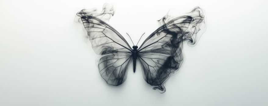 Butterfly made of black smoke on white background.
