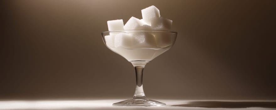 Glass goblet filled with sugar cubes under soft light, minimalist concept.