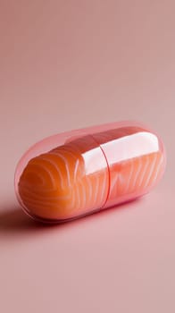 salmon fillet encapsulated in transparent pill on pink background, creative food concept.