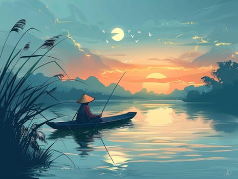 A solitary fisherman in a small boat casts his line into a calm river, with vibrant sunset colors reflected in the water and silhouettes of distant mountains.