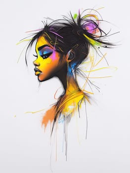 The side profile of a young woman, characterized by her vivid colors and modern artistic expression. The use of dynamic lines adds depth and emotion to her portrayal.