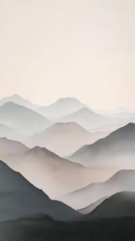 Serene mountain landscape with layers of mist and soft pastel colors, peaceful nature concept.