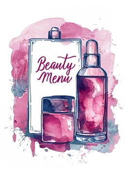 An artistic design showcases a beauty menu surrounded by various skincare products, including bottles and jars, all illustrated in soft watercolor tones.