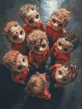 Diverse group of rebellious young adults in red uniforms and masks stand united against a dark background, showcasing unique styles and a cool vibe, embodying the essence of youth culture