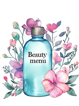 A decorative bottle labeled Beauty menu sits amidst an arrangement of lush, colorful flowers, creating an inviting atmosphere for wellness and beauty products.