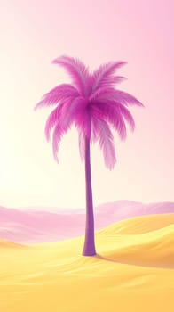 Pink palm tree in yellow desert, surreal landscape. Dreamy and artistic concept.