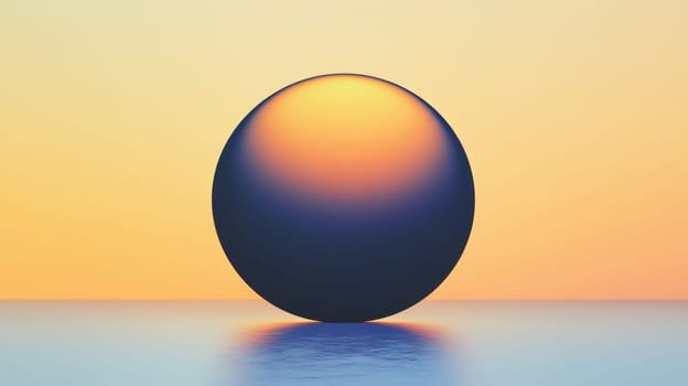 Surreal sphere reflecting on calm ocean at sunset, conceptual art. Zen and tranquility theme.