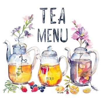 A colorful tea menu showcases three elegant glass teapots filled with various infusions, garnished with fresh herbs and fruits, creating an inviting atmosphere.