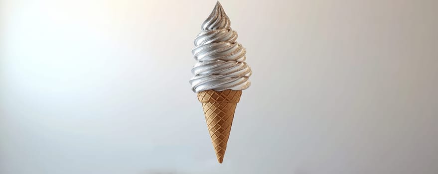 Metallic silver ice cream cone on white background.