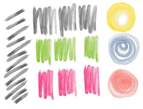 Vibrant strokes and shapes showcase an array of pastels in different colors. The arrangement highlights artistic techniques used for color blending and texture creation.