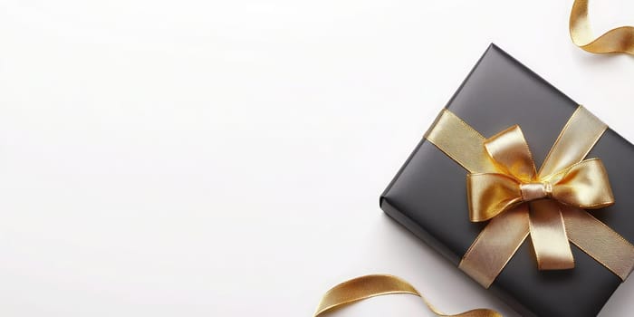 A beautifully wrapped black gift box features a luxurious gold ribbon and bow, resting on a pristine white background, ideal for any festive event or celebration.