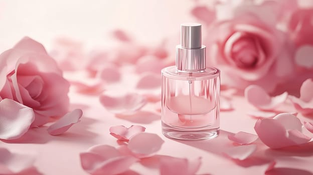 Perfume bottle surrounded by pink rose petals and roses on a pastel background. Romantic fragrance and beauty concept.