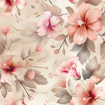 A beautiful display of pink hibiscus flowers surrounded by soft leaves on a light cream background makes an ideal choice for interior decor or textile design.