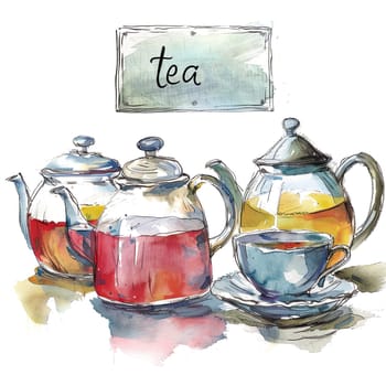 An artistic display features multiple teapots filled with vibrant teas alongside a delicate teacup. The bright colors highlight the beauty of brewing.