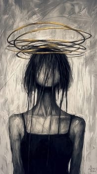 Painting depicting a young woman with long dark hair covering her face, wearing a simple black dress and feeling trapped by a golden halo made of tangled circles