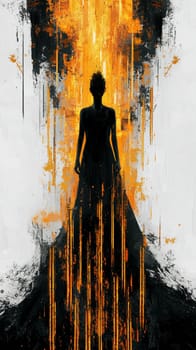 Woman in a long dress is standing in front of a wall with golden light beams in a dark abstract painting. The artwork uses strong brushstrokes and a dark and gold color scheme