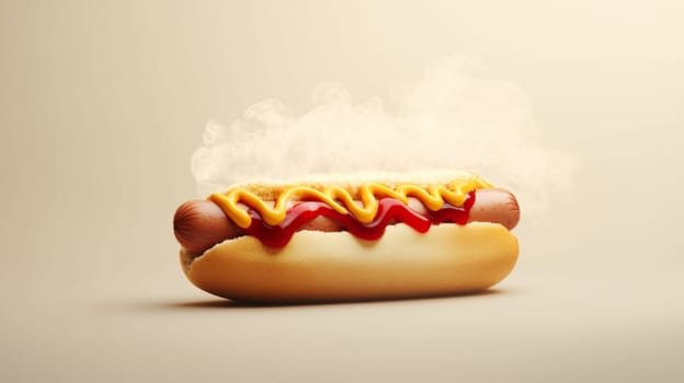 Steaming hot dog with mustard and ketchup.