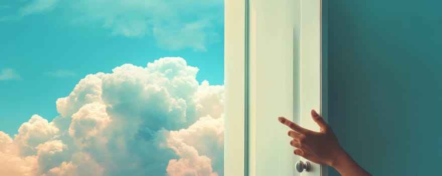 Hand opening door to sky with fluffy clouds, conceptual dreamscape.