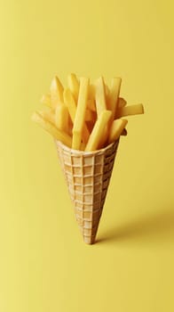 French fries in a waffle cone on yellow background, creative food concept.