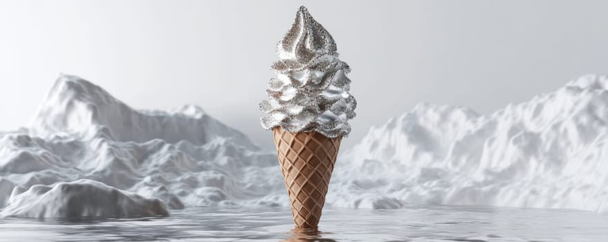 Ice cream cone in snowy landscape, surreal concept.