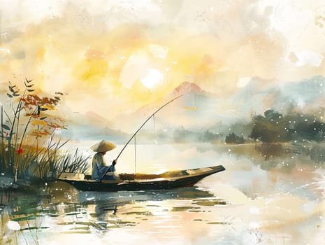 A lone fisherman in a bamboo hat sits in a small boat, casting his line into a calm lake. The early morning sun casts a warm glow over the misty landscape and vibrant autumn colors.